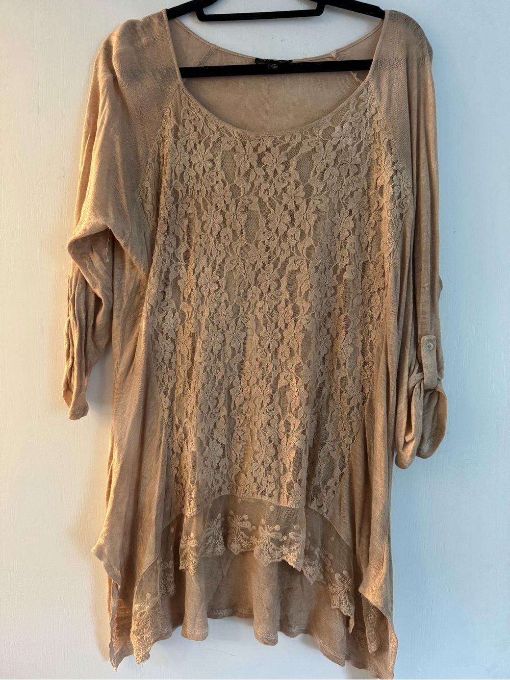 Cupio Lace-Front Roll-Tab Tunic in Beige